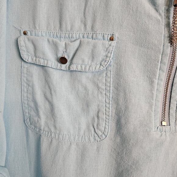 Emily Daniels Women's XL Blouse, Aqua Woven Linen Blend 3/4 Roll-tab Sleeves - Picture 4 of 12